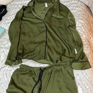 green satin pajama set